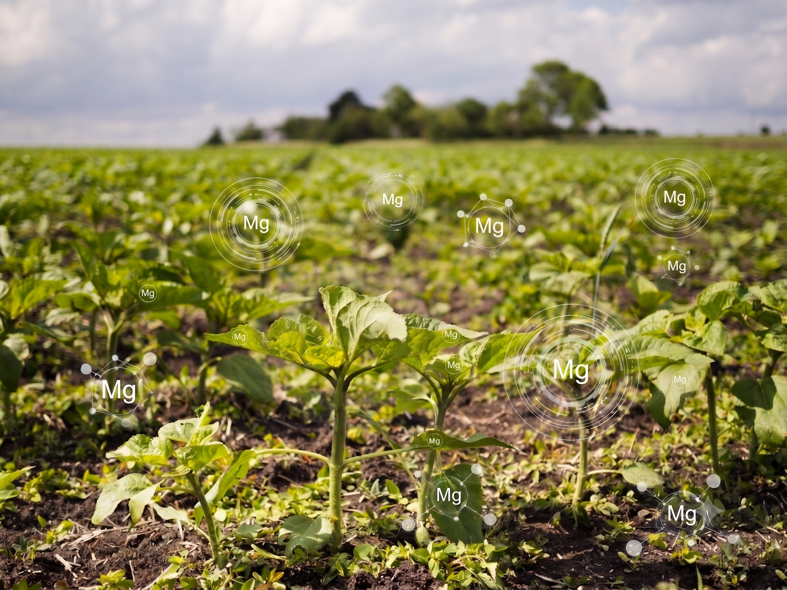 imagem ilustrativa de plantação de soja com ícones de magnésio espalhados pela imagem